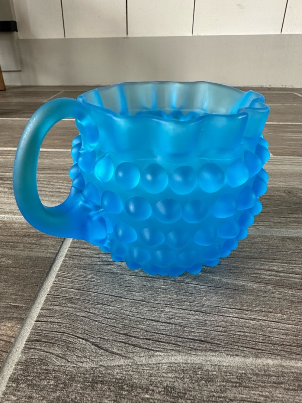 Vintage Fenton Frosted Satin Blue Teal Hobnail W/Ruffled Edge Table Creamer